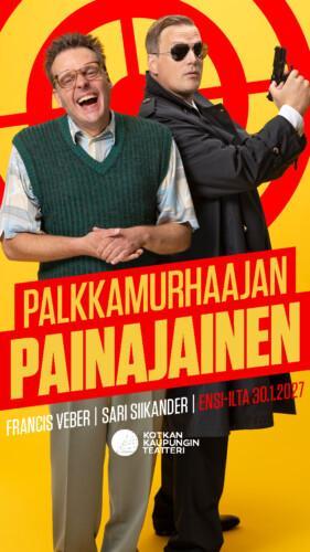 Kahden henkilön muodostama näyttämökuva esityksestä Palkkamurhaajan painajainen. Etualalla vaaleisiin vaatteisiin ja neuleliiviin pukeutunut henkilö, taustalla pitkässä tummassa takissa oleva henkilö pitää kädessään asetta. Taustalla kirkkaanpunainen ja keltainen graafinen kuvio sekä esityksen nimi.