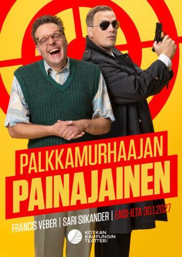 Kahden henkilön muodostama näyttämökuva esityksestä Palkkamurhaajan painajainen. Etualalla vaaleisiin vaatteisiin ja neuleliiviin pukeutunut henkilö, taustalla pitkässä tummassa takissa oleva henkilö pitää kädessään asetta. Taustalla kirkkaanpunainen ja keltainen graafinen kuvio sekä esityksen nimi.