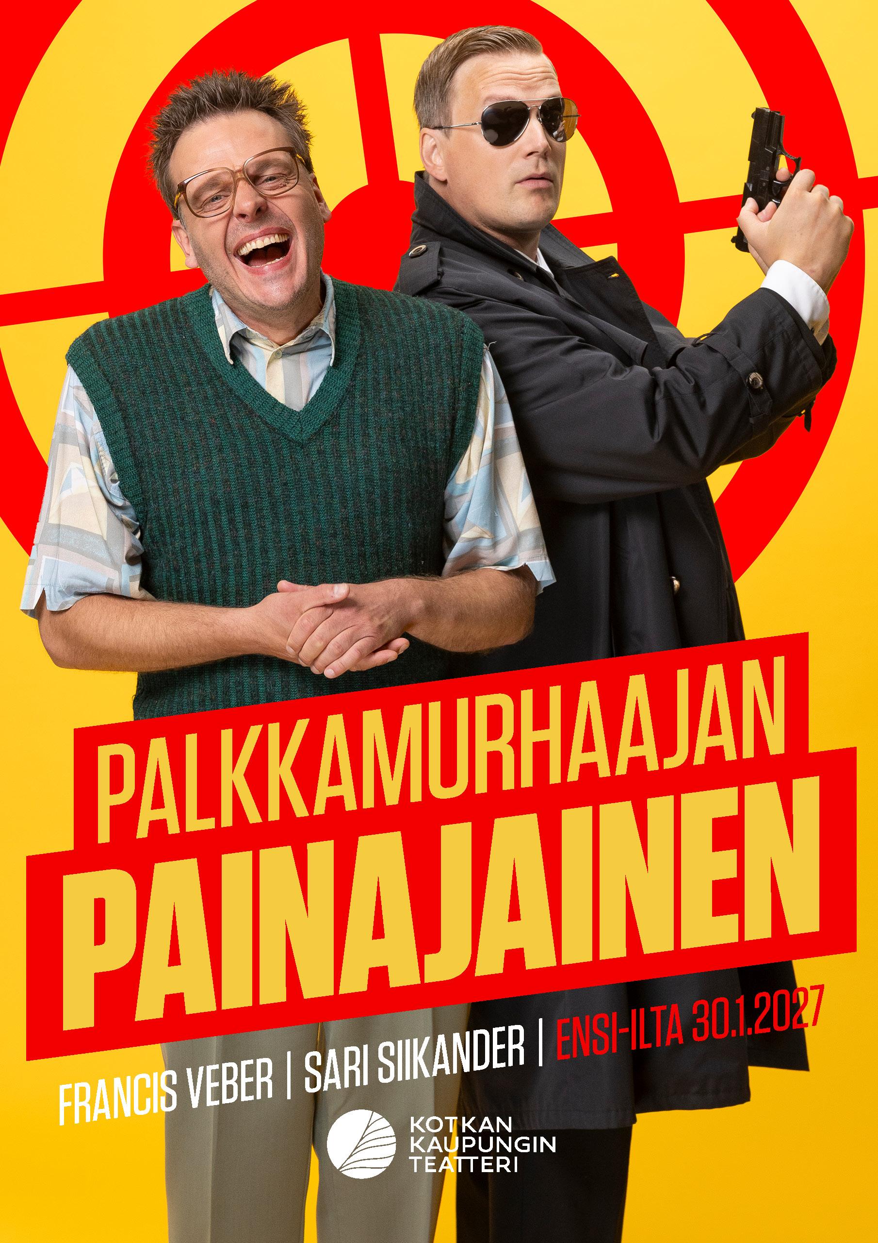 Kahden henkilön muodostama näyttämökuva esityksestä Palkkamurhaajan painajainen. Etualalla vaaleisiin vaatteisiin ja neuleliiviin pukeutunut henkilö, taustalla pitkässä tummassa takissa oleva henkilö pitää kädessään asetta. Taustalla kirkkaanpunainen ja keltainen graafinen kuvio sekä esityksen nimi.