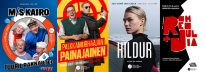 Neljä vierekkäin asetettua teatterijulistetta. Julisteet mainostavat esityksiä M/S Kairo – Tuuril Rakkautee -revyy, Palkkamurhaajan painajainen, Hildur ja Romeo + Julia.